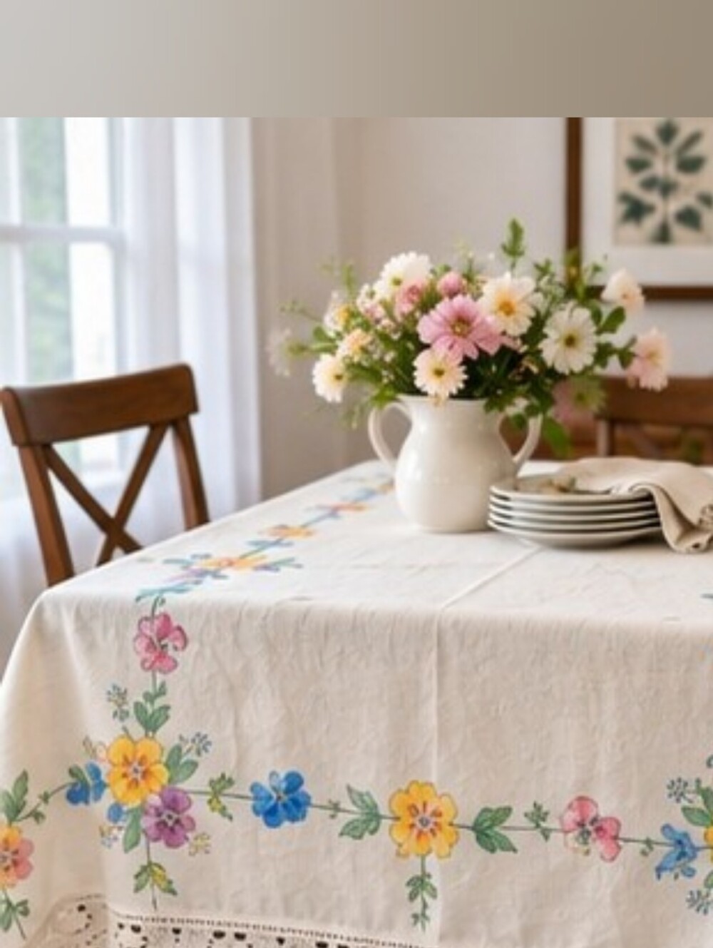 Vintage Linen Tablecloth 44x47 Floral Crochet Lace Cottagecore